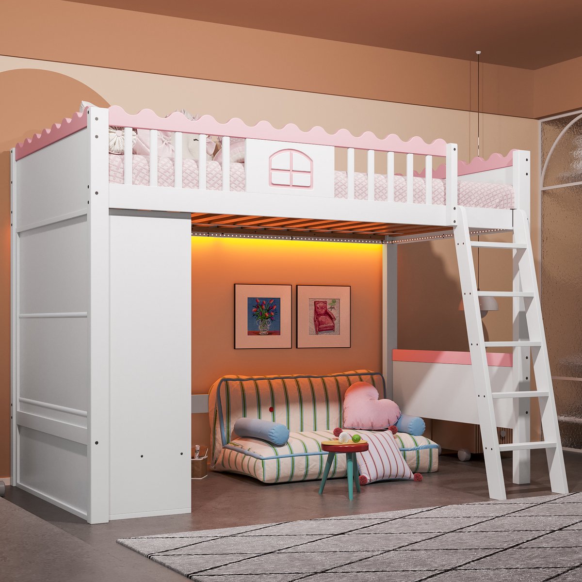 REDOM Hoogslaper – 90x200 cm – Met kast, lades & LED-verlichting – Grenenhout & MDF – Wit & Roze