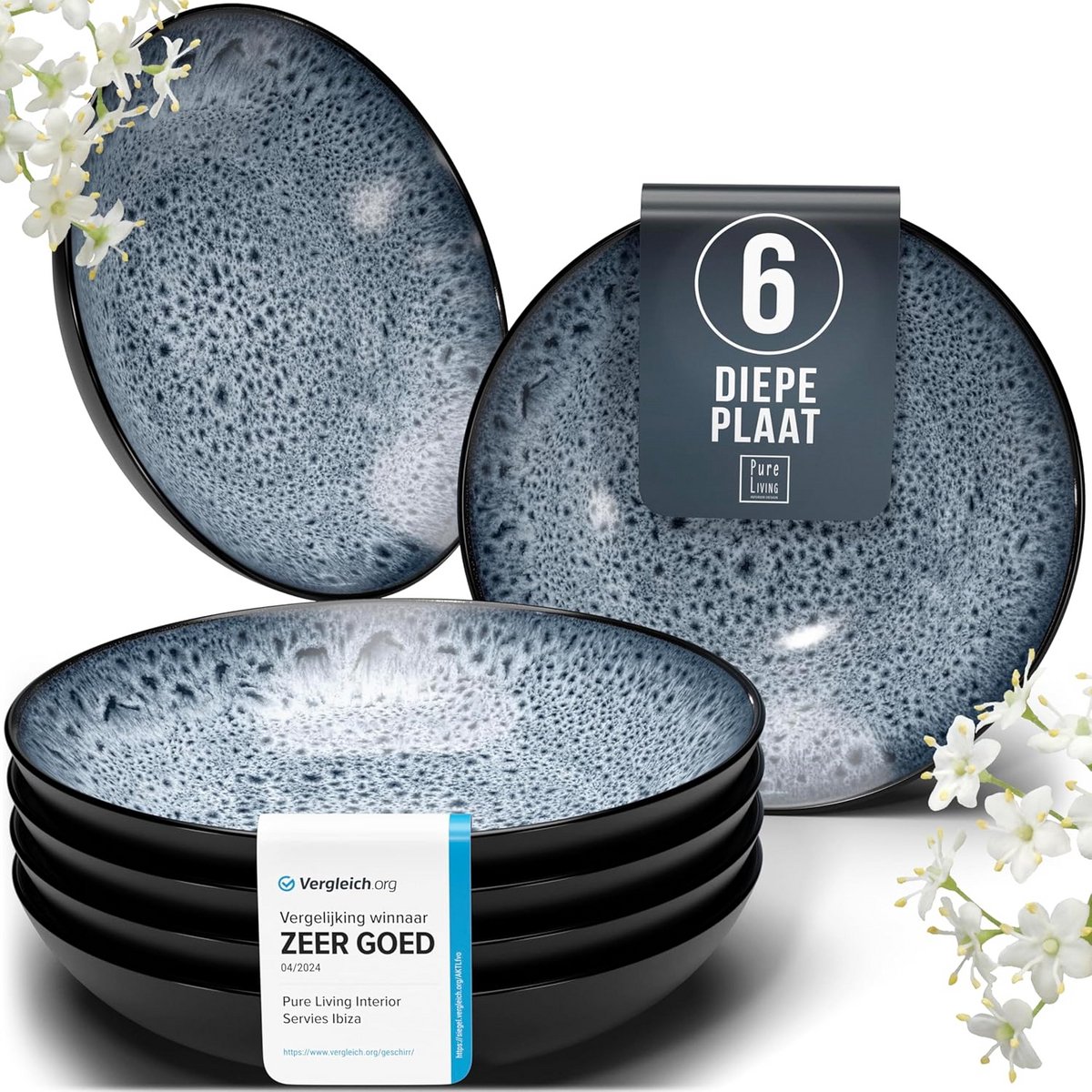Set van 6 Grote Diepe Steengoed Borden - Luxe Pastaborden of Soppborden