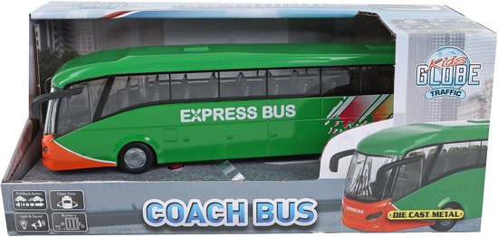 Groene "Express Bus" coach bus in verpakking met oranje voorkant. "Coach Bus" en "Express Bus" logo's.