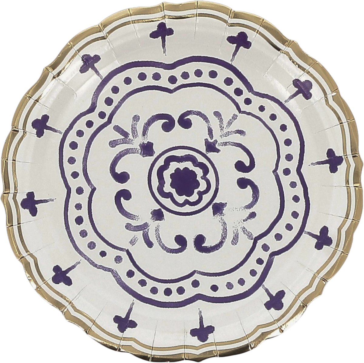 ARTYFETES - 8 Kleine Kartonnen Borden Koningsblauw, Wit en Goud 18cm Mediterraan Motief
