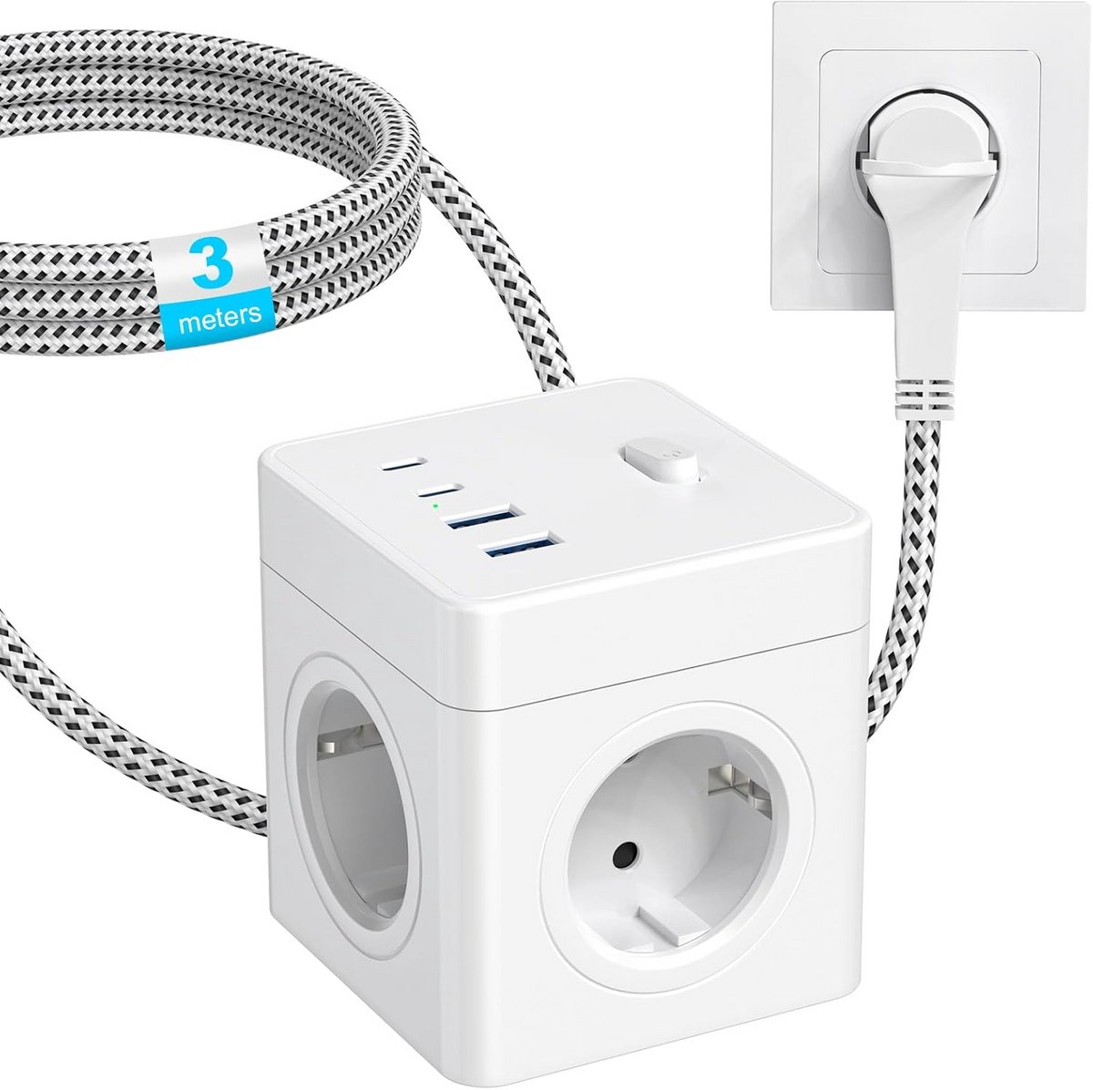 Stekkerblok Kubus 8-in-1 met 2 USB-A en 2 USB-C, 3m Kabel en Schakelaar