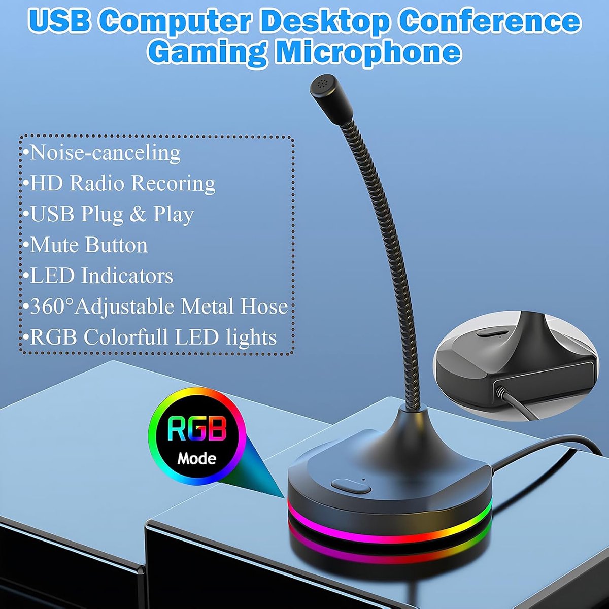 Null USB Computer Microfoon met Mute-Knop, RGB en Zwanenhals thumbnail 3