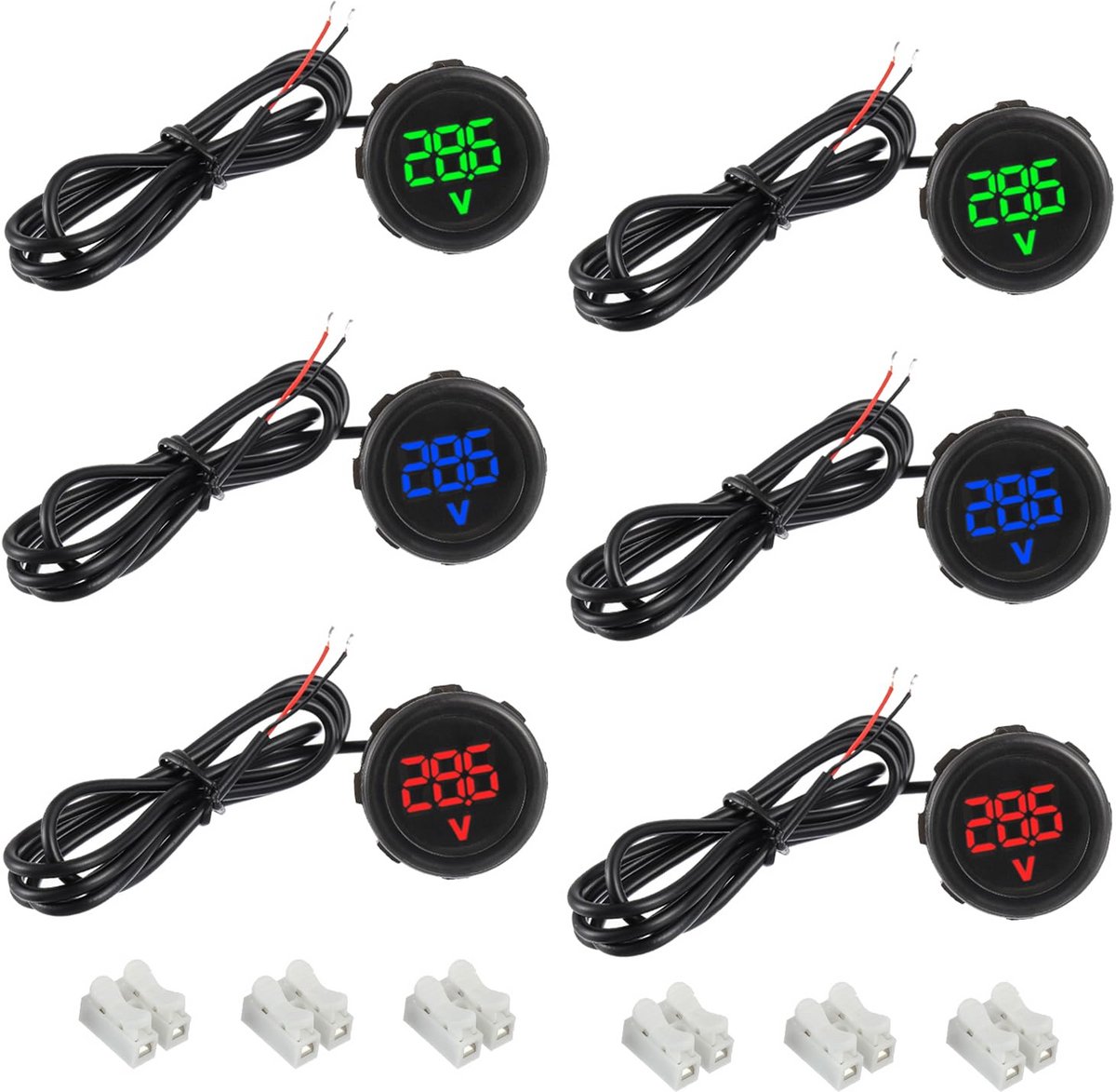 Set van 6 Waterdichte Digitale Voltmeter DC 4-100V met Rood, Blauw en Groen LED Display