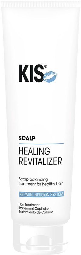 Witte tube met KIS logo, 'SCALP HEALING REVITALIZER' en 'KERATIN INFUSION SYSTEM'