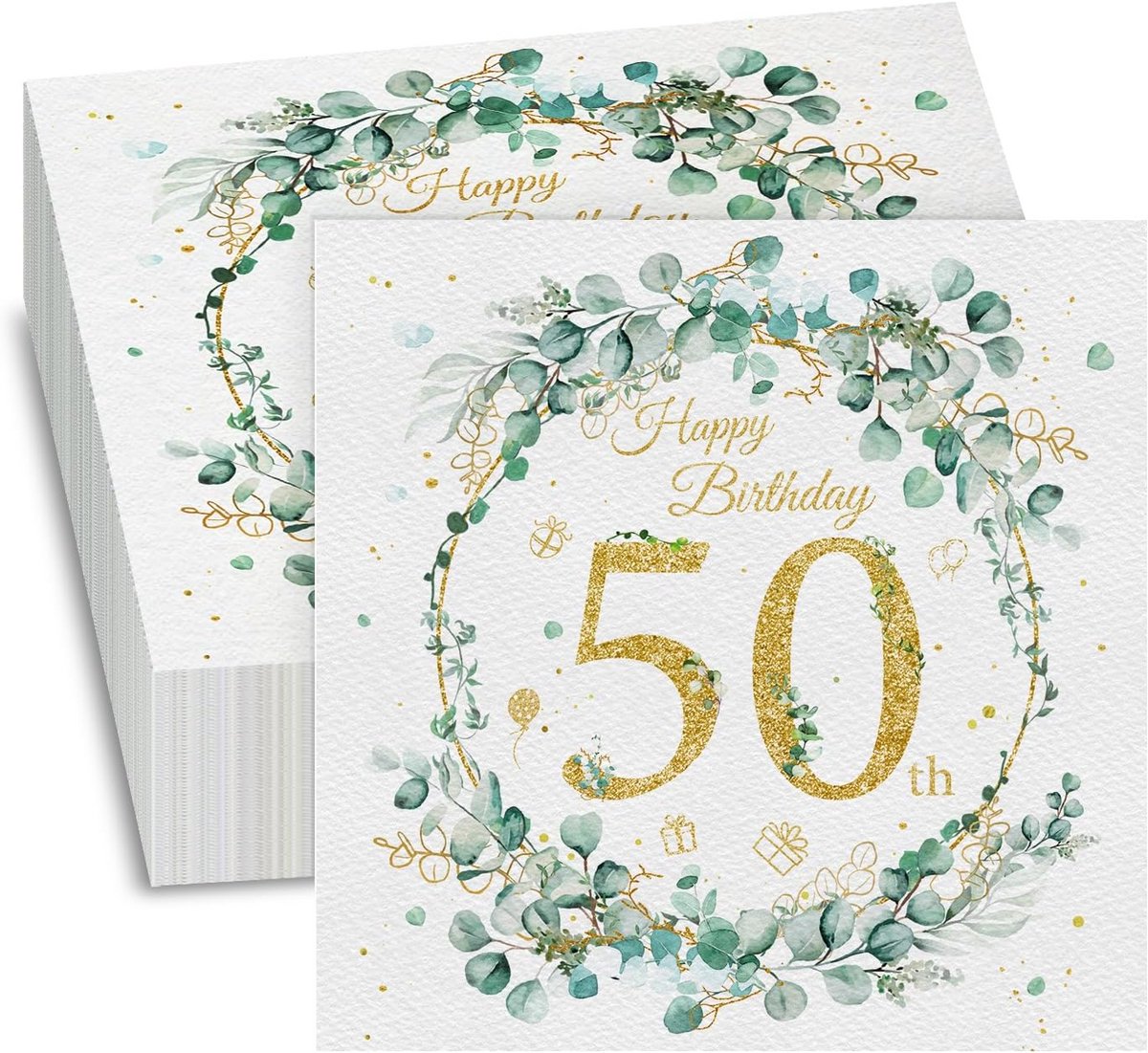 Servetten 50e Verjaardag met Gouden Stippen en Eucalyptus Decoratie