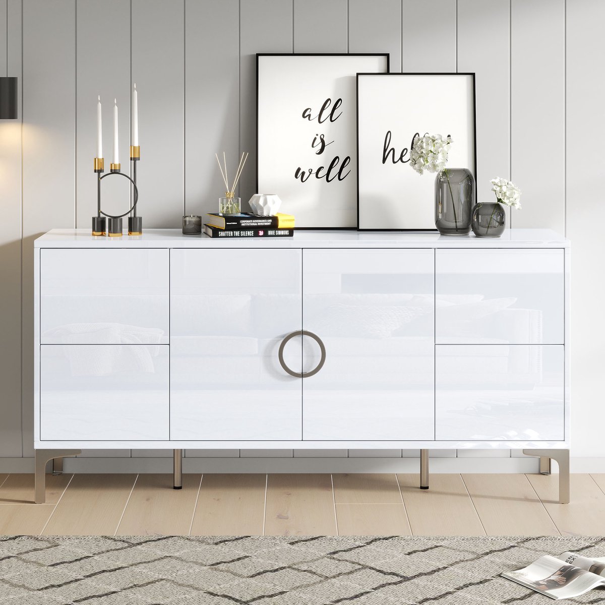 PHOEBE CAT Dressoir - Halmeubel - Hoogglans - 4 lades - Metalen poten - 150 x 38 x 59.5 cm - Wit