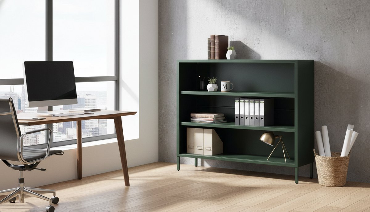 Lage Boekenkast van Metaal – Casa Velluto Luca | 100 x 90 x 35 cm – 2 Verstelbare Planken – Glanzend Sparkling Oppervlak – Kleine Bibliotheekkast voor Woonkamer, Slaapkamer, Kinderkamer – Flessengroen – Industrieel & Modern Design