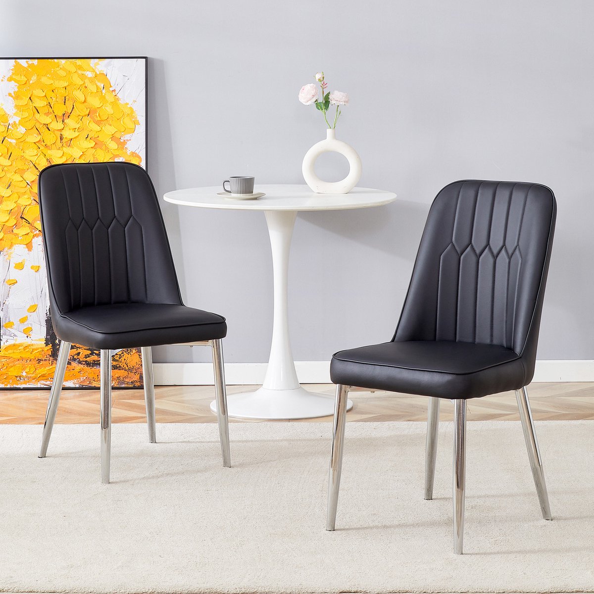 HAUSS SPOLE Eetkamerstoel – Modern Minimalistisch Ontwerp – Set Van 2 – Ergonomische Rugleuning & Brede Zitting – Voor Eetkamer En Keuken – Pu Leer Zwart Zwart+Zilver