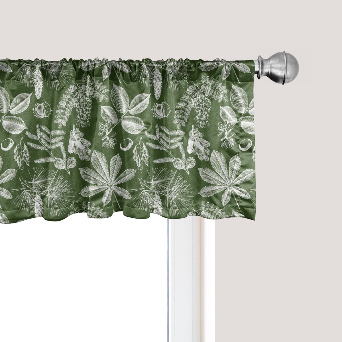 ABAKUHAUS Botanische raamvalance, Gordijnvalance voor keuken en slaapkamer met tunnelzoom, 137 cm x 45 cm, Olijfgroen en wit
