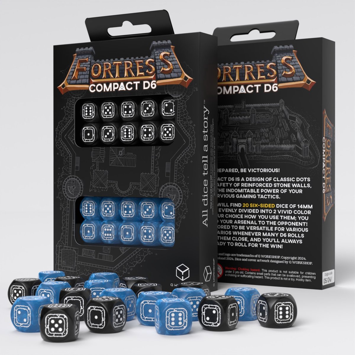 Q-Workshop dobbelstenen Fortress Compact D6 zwart blauw set van 20.