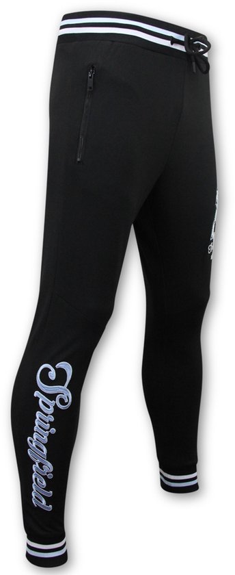 Pantalon de jogging noir avec 'Springfield' en lettres stylisées sur la jambe gauche et des rayures blanches et bleues aux chevilles.