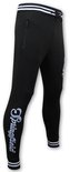 Pantalon de jogging noir avec 'Springfield' en lettres stylisées sur la jambe gauche et des rayures blanches et bleues aux chevilles.
