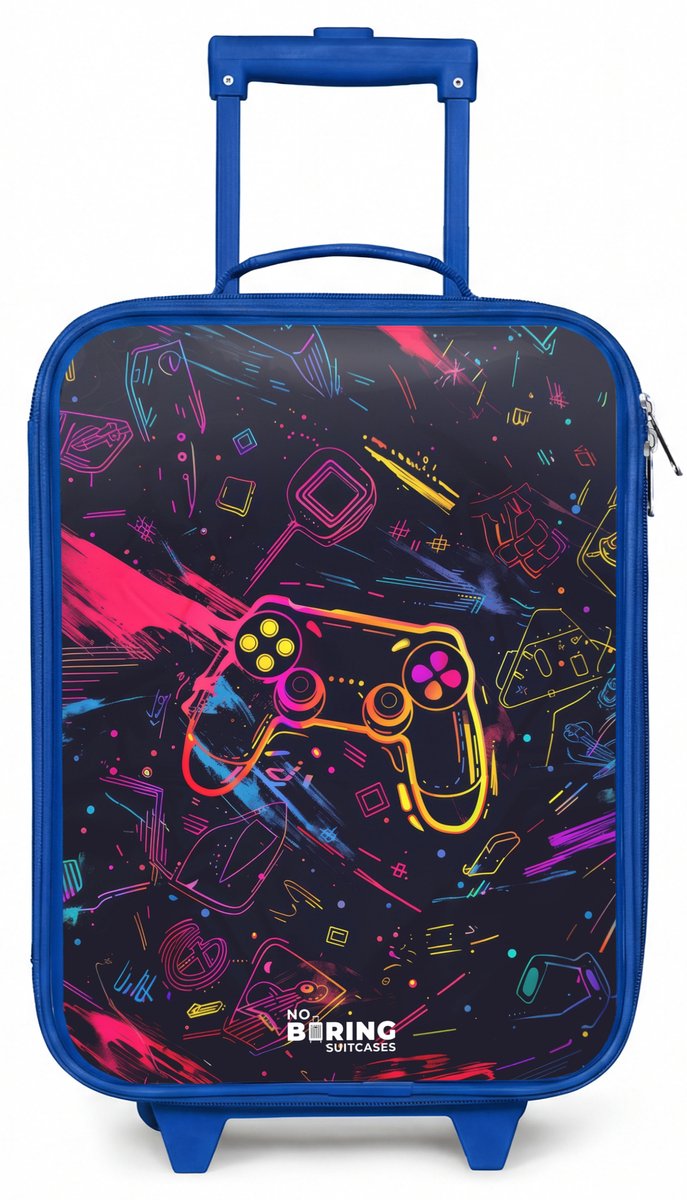 NoBoringSuitcases.com® - Kinderkoffer blauw - Kindertrolley jongen - Gamerwereld in neonstijl - Koffer kind lichtgewicht - Reiskoffer trolley voor kinderen - Koffertje met lichtgevende wieltjes - Rolkoffer