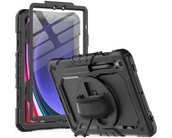 Hoes met ingebouwde Screenprotector Geschikt voor Samsung Galaxy Tab S10 Lite / S10 FE / S9 / S9 FE | Inclusief 360° Draaibare Handriem en Schouderriem | Case Extreme bescherming | Zwart