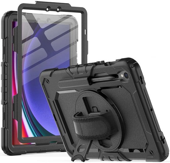 Hoes met ingebouwde Screenprotector Geschikt voor Samsung Galaxy Tab S10 Lite / S10 FE / S9 / S9 FE | Inclusief 360° Draaibare Handriem en Schouderriem | Case Extreme bescherming | Zwart