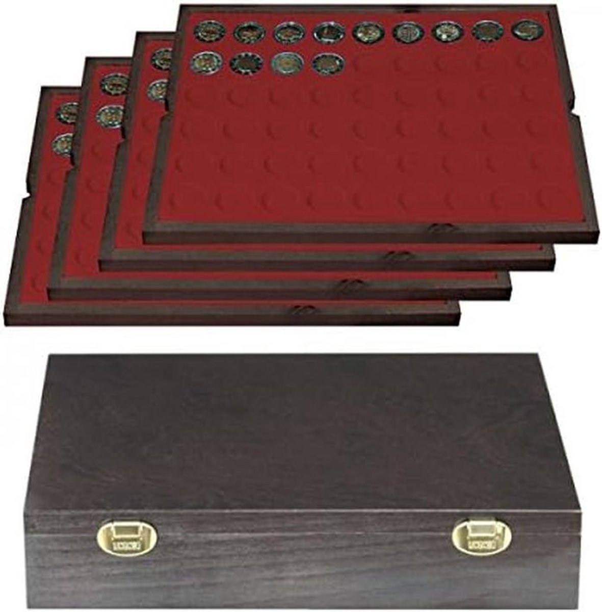 Muntkoffer Hout - Muntendoos Muntenkist - Munten Verzamelen - 4 Lades Velours - 32.5 x 26.5 cm - Donkerbruin