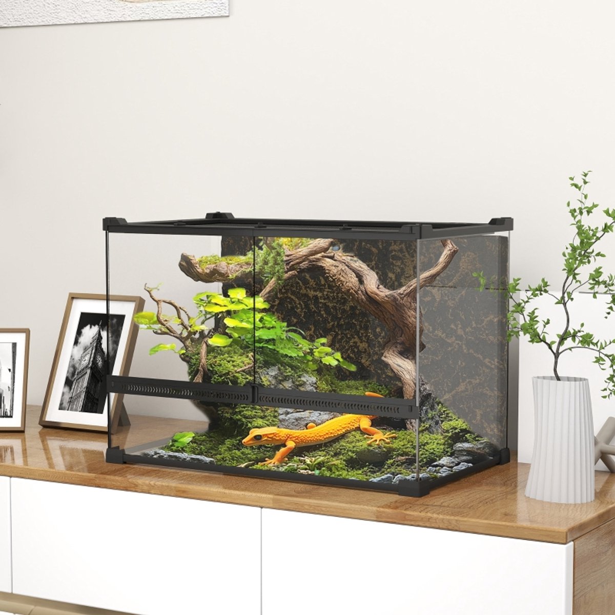 MODFU - Reptielenterrarium - Frontventilatie En Draaivergrendeling - Natuurlijk Ontwerp - Gehard Glas - Zwart