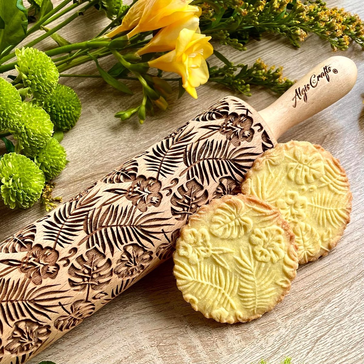 Houten Deegroller - Gegraveerde Roller - Koekjes Bakken - Origineel Patroon - 40 x 6 x 6 cm