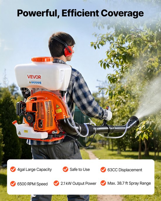 VEVOR Rugsproeier, 63 CC, 3 Pk Motor, Gasaangedreven Sproeier met 16 Liter Tank, Poeder- en Vloeistofnevelsysteem, voor Tuinieren en Landbouw, Groentekassen van Merkloos	 — afbeelding 4