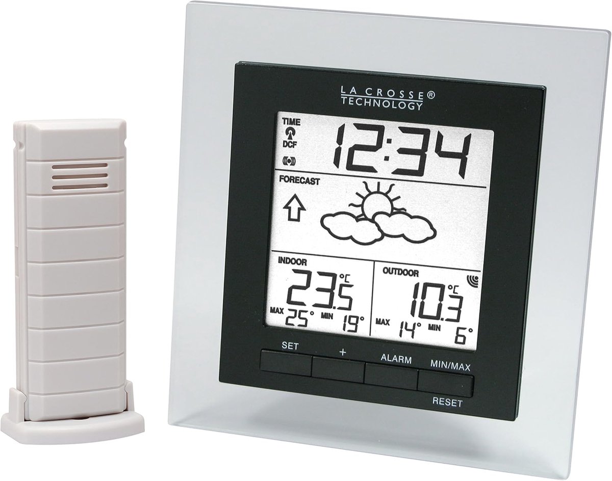 Compact Weerstations - Weer Monitor - Binnen Buiten - Radiogestuurde Tijd - 12.4 x 13 cm - Transparant Zwart