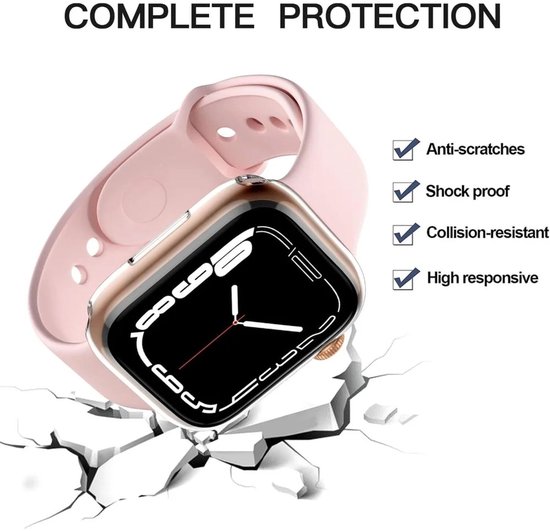Doorzichtbare horlogekast met roze bandje, met tekst 'COMPLETE PROTECTION' en vinkjes.