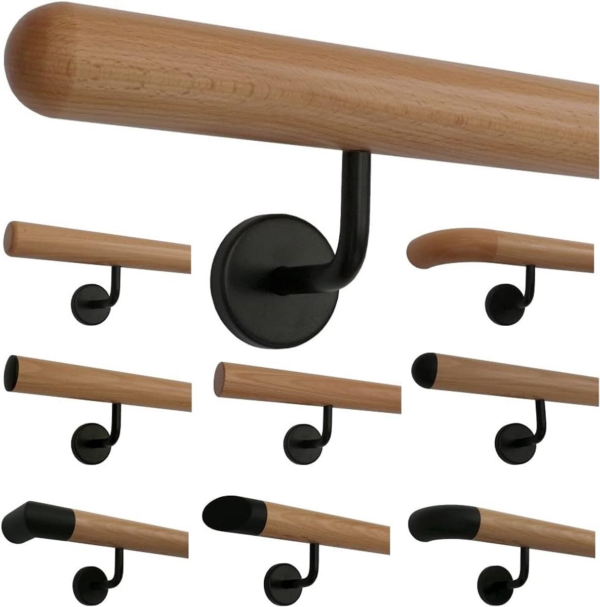 Houten Leuning - Gelakte Leuning - Trap Veiligheid - Schuine Zwarte Houders - 120 cm Lengte - Niet gespecificeerd
