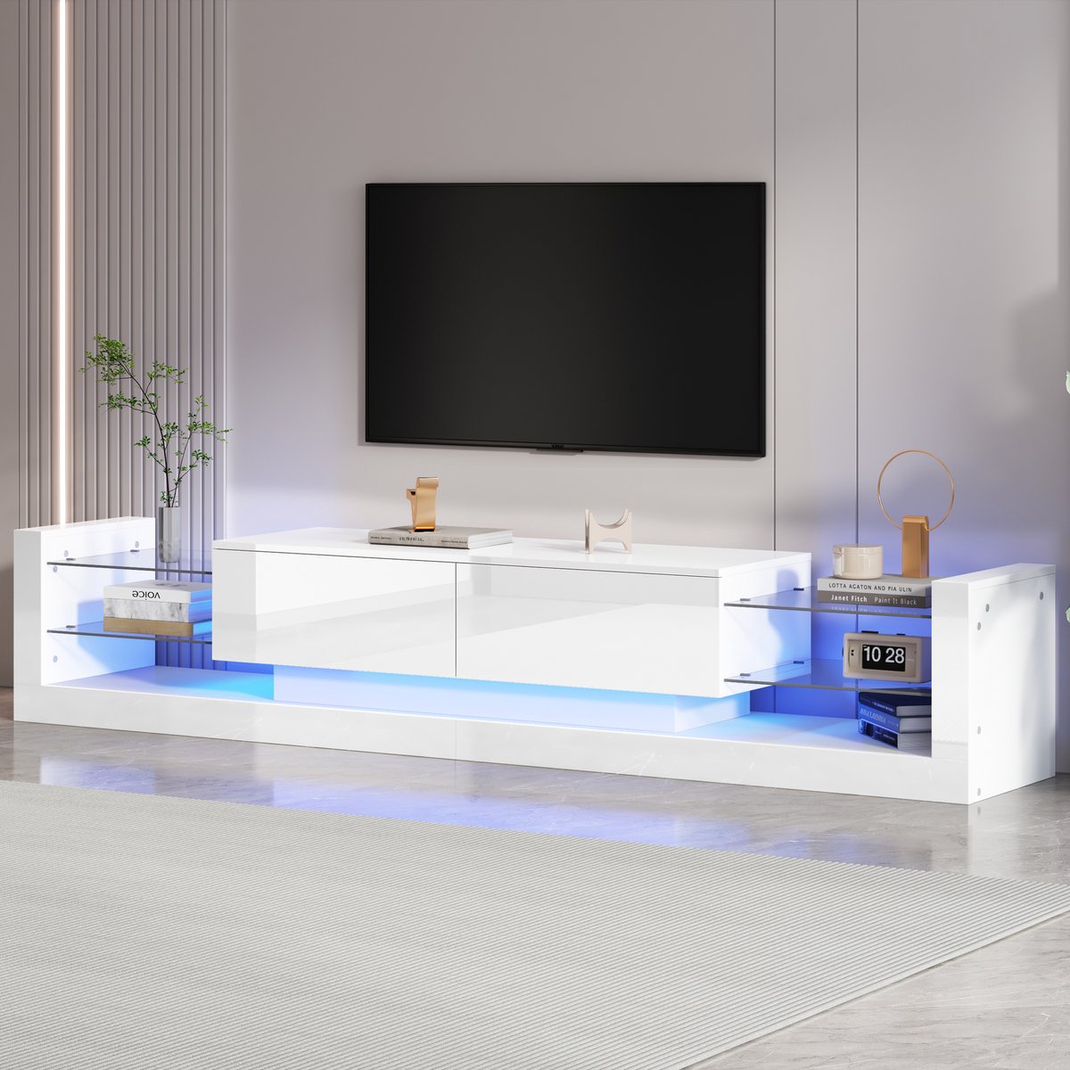 MODENUIT Tv-Meubel - Hoogglans Kast Met Led, Glasfront En Kleplades - Voor Woonkamer - Spaanplaat Wit - 181x38x38 Cm