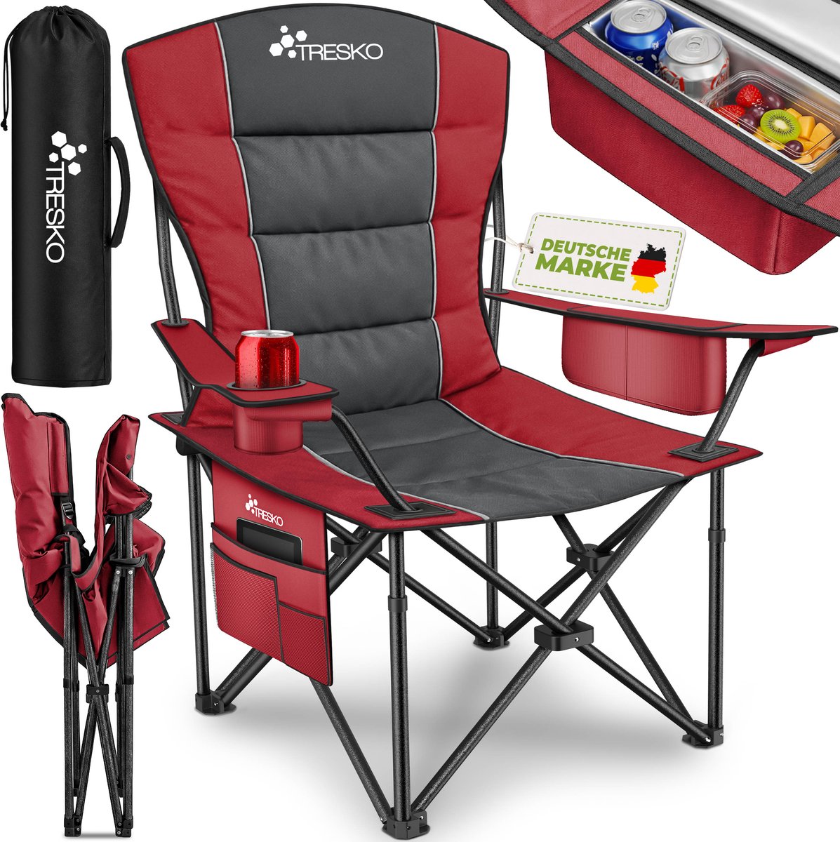 TRESKO® Campingstoel Opvouwbaar tot 150 kg | Visstoel Klapstoel met Armleuningen & Bekerhouder | Gepolsterde Tuinstoel met Draagtas | Lichtgewicht Buitenstoel voor Camping Festival Vissen Tuin
