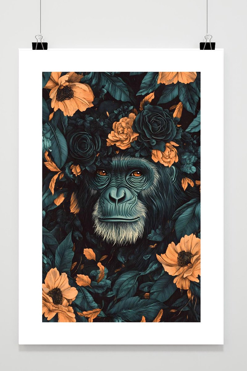 Aap Poster - Bloemrijke - Dieren - Natuur - Kunst - Jungle - posters - formaat 30x40cm - W