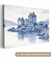 Canvas schilderij 120x80 cm - Exclusieve wanddecoratie Schots - Kasteel - Blauw - Aquarel - Muurdecoratie woonkamer - Slaapkamer decoratie - Kamer accessoires - Schilderijen op canvas