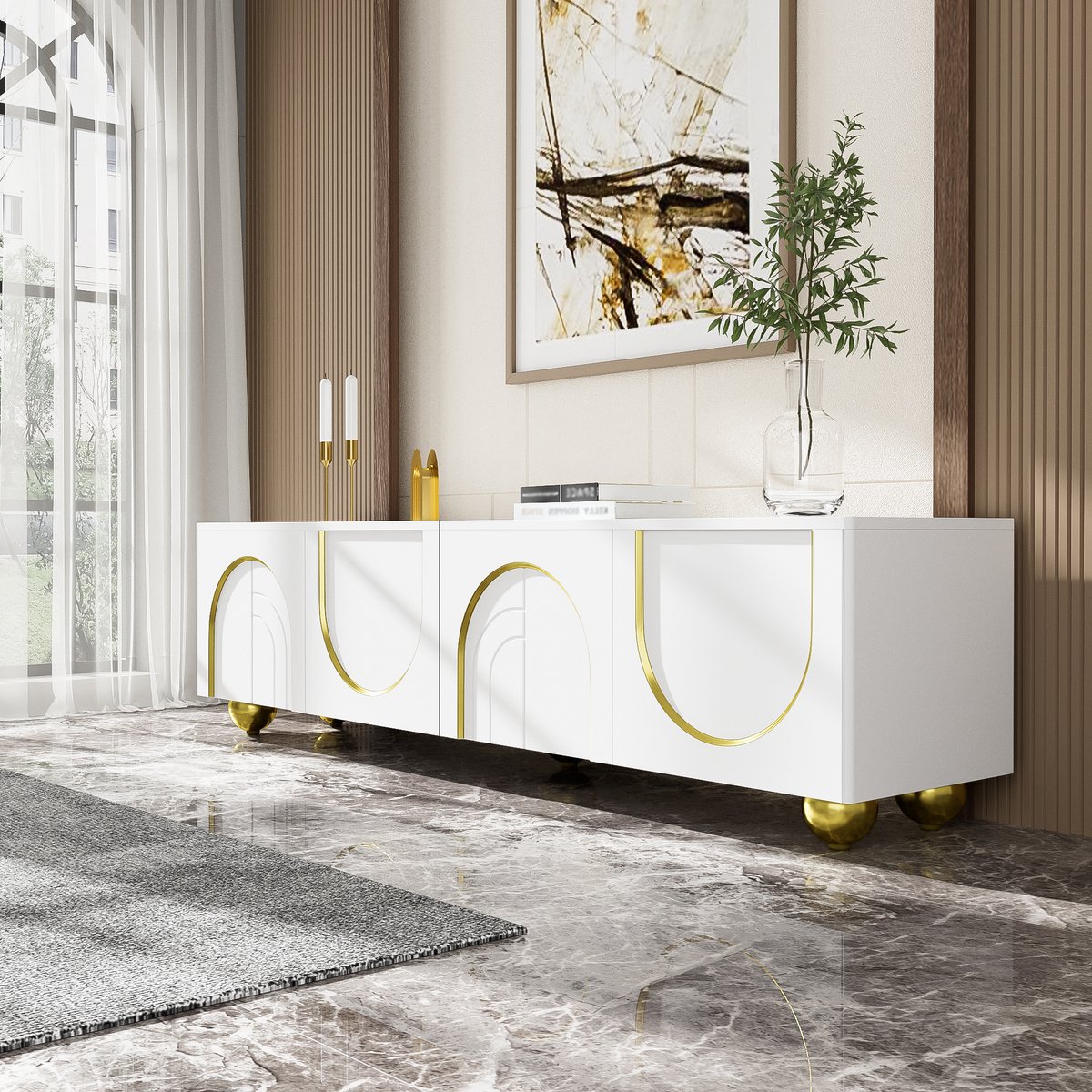 MODENUIT Tv-meubel - 4 Deuren Met Push-to-Open En Planken - Voor Woonkamer - Spaanplaat Wit Met Goud - 170x38x44 Cm Wit en Goud