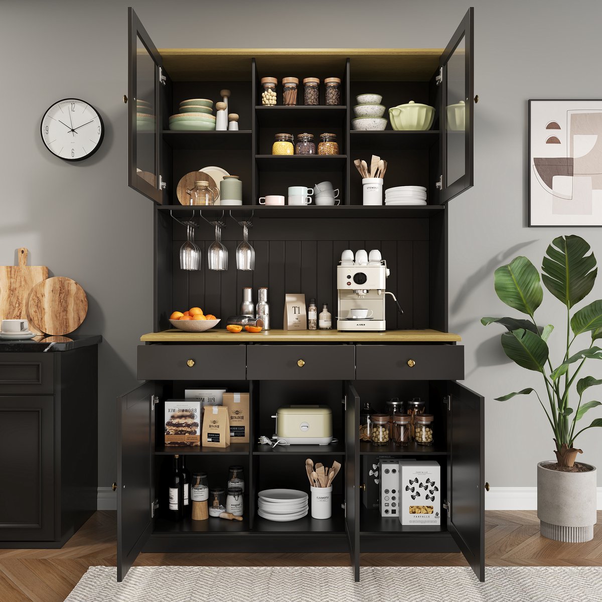 MODENUIT Buffetkast - Hoge Kast Met Glazen Deuren - Voor Keuken En Woonkamer - MDF Zwart - 120x40x191 cm