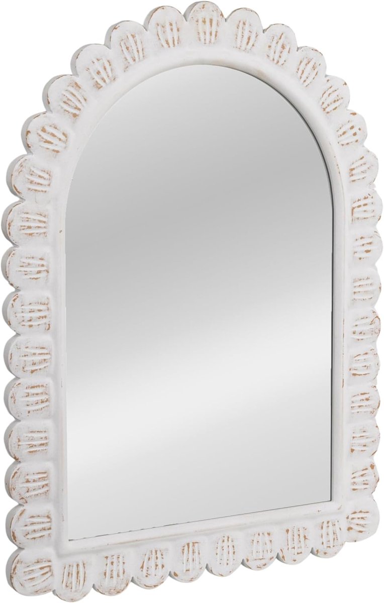 Houten Wandspiegel - Decoratieve Spiegel - Woonkamer Decoratie - Verhoogd Scallop Patroon - 80x59.7 cm - Wit