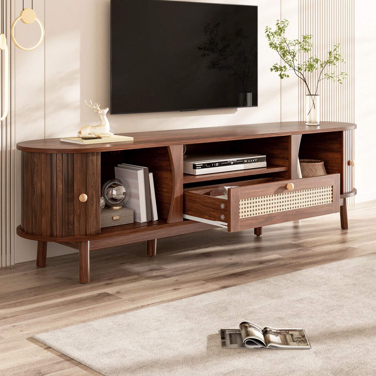 MODENUIT Tv-meubel - Met Schuifdeur, Laden En Open Vakken - Voor Woonkamer - MDF In Walnootkleur - 165x37x46 Cm