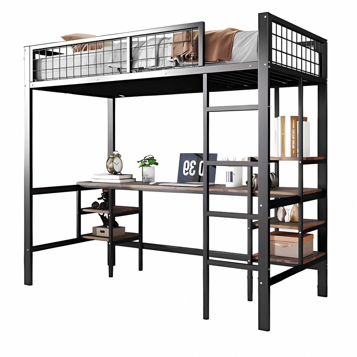 Happiq Hoogslaper Retro Valora - Luxe hoogslaper voor kinderen - 90x200 cm - Met bureau - Kinderbed - Stapelbed - Met Hoektrap, valbeveiliging en raam - Peuterbed Zwart