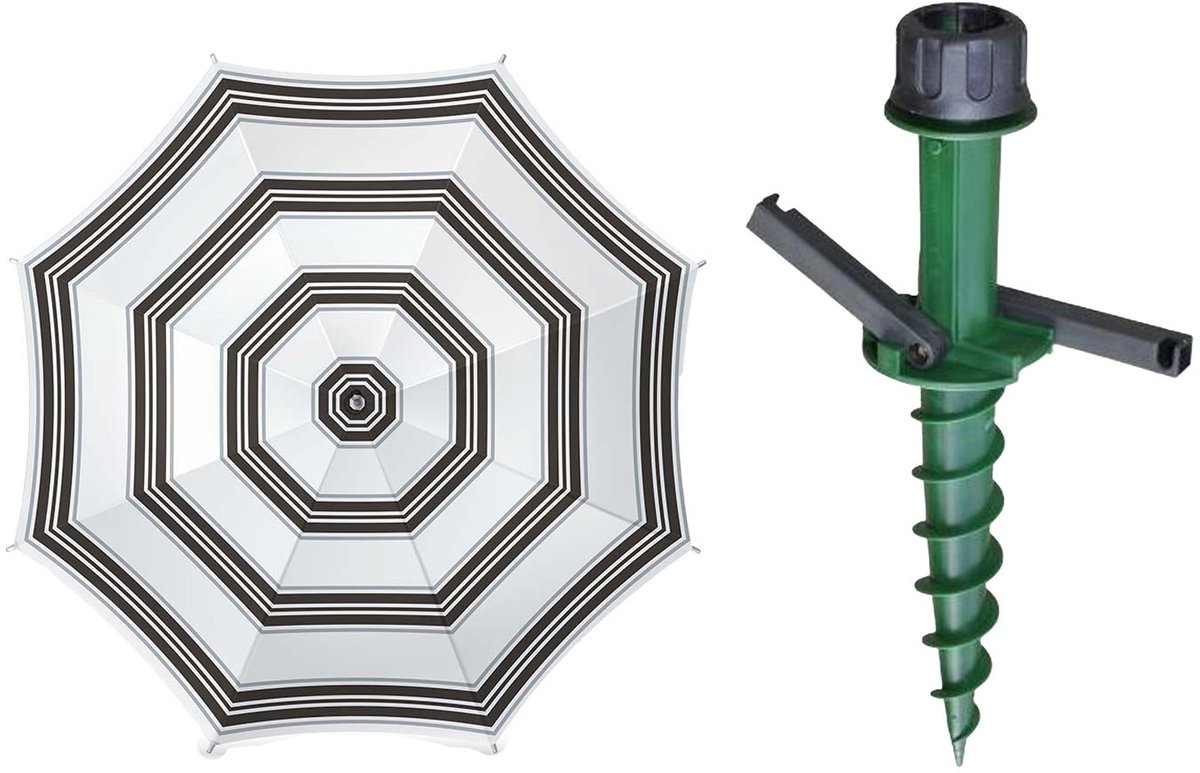 Summertime Parasol met dikke grondharing 44 cm - zwart/wit mix - polyester - Dia 180 cm - verstelbaar - Speciaal voor strand