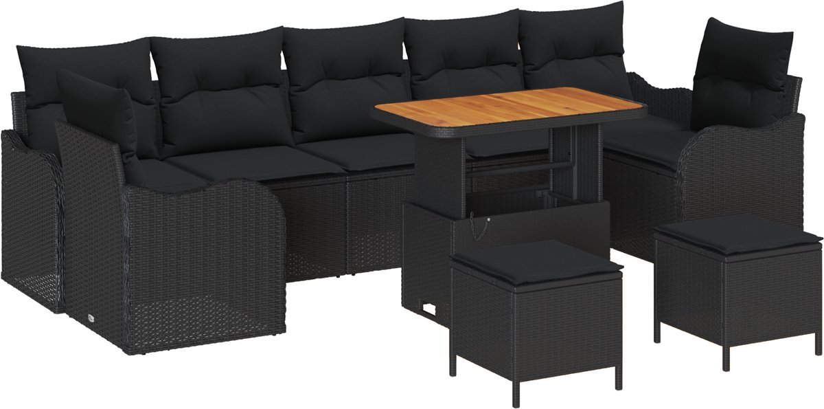 vidaXL - Tuinbank - Set - met - kussen - 10 - pcs - Zwart - poly - rattan