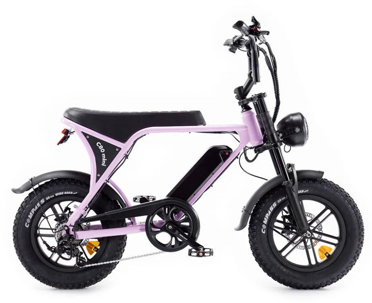 OUXI C80 Mini Elektrische Fatbike - Ingebouwd Alarmsysteem - Inclusief Voetsteuntjes - 16 Inch - 250W Motor - 7 Versnellingen - 50 km Actieradius - Mechanische Schijfremmen - Roze