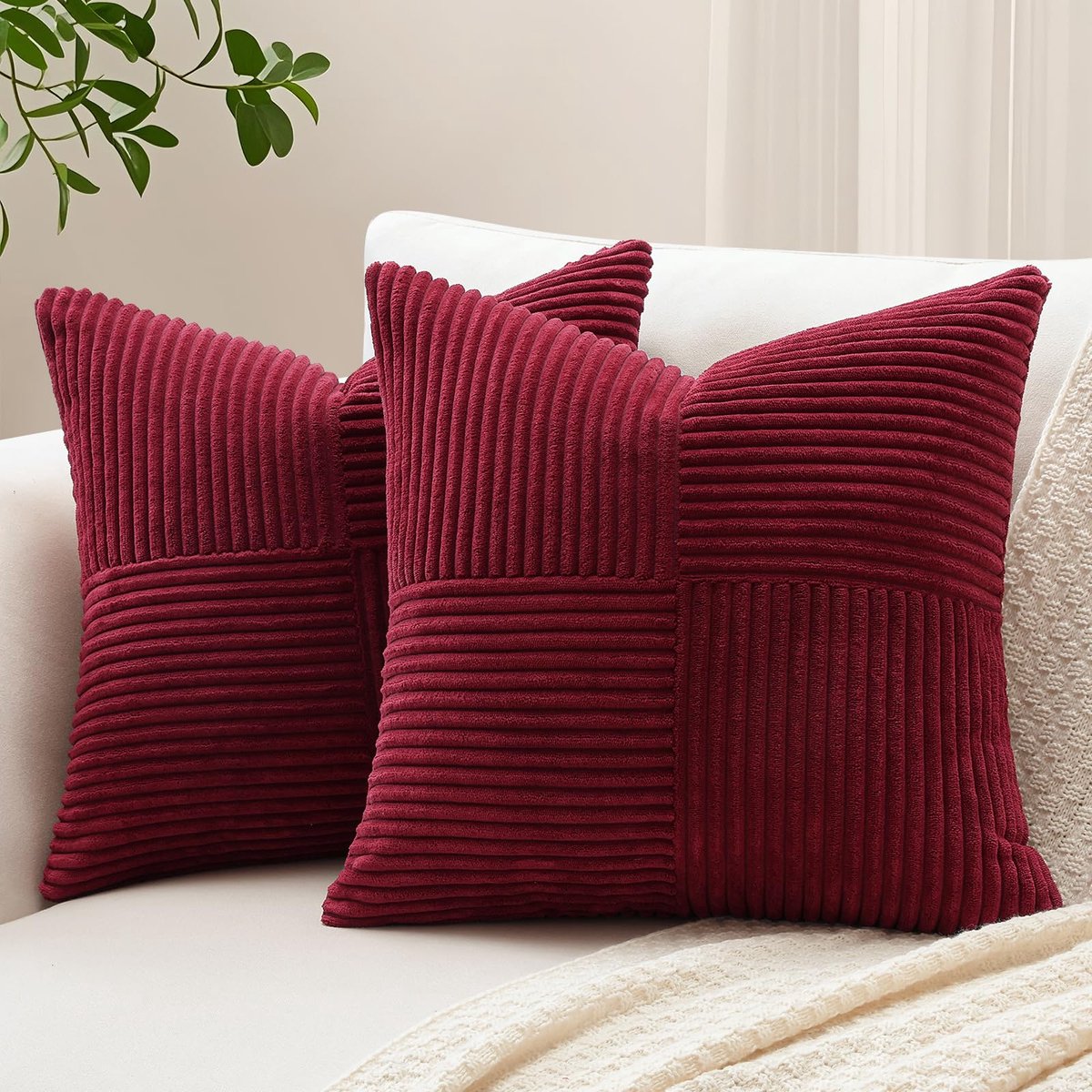 Unyqoos Set van 2 decoratieve corduroy kussenslopen met uniek gestreept patroon voor woondecoratie bordeaux
