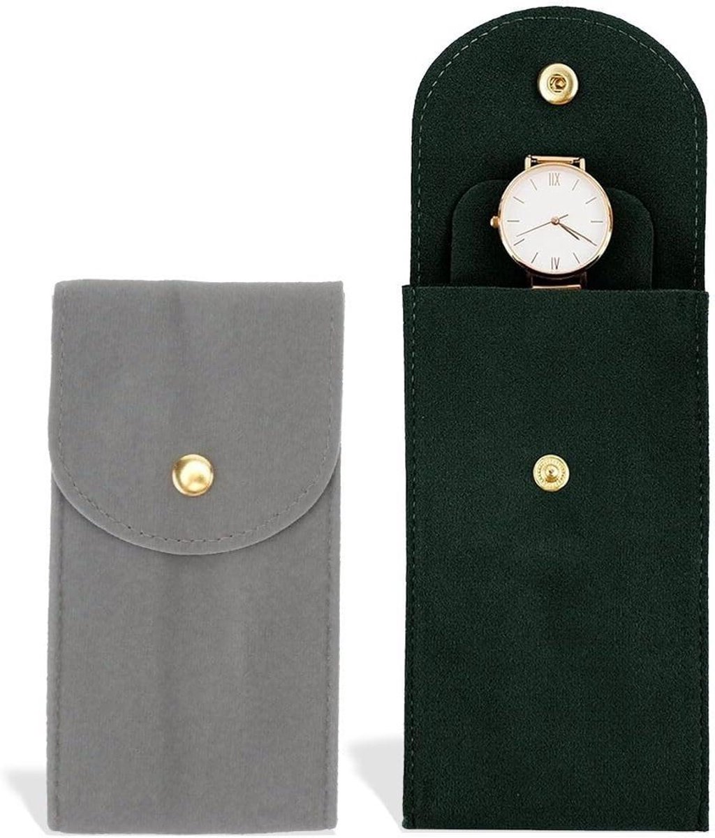Allecto Plus - Set van 2 draagbare reishorlogeboxen van flanel - Robuuste opbergtas voor horloges en sieraden - Reishorlogebox voor buiten - Donkergroen grijs - Luxe horloge opbergtas met vakken