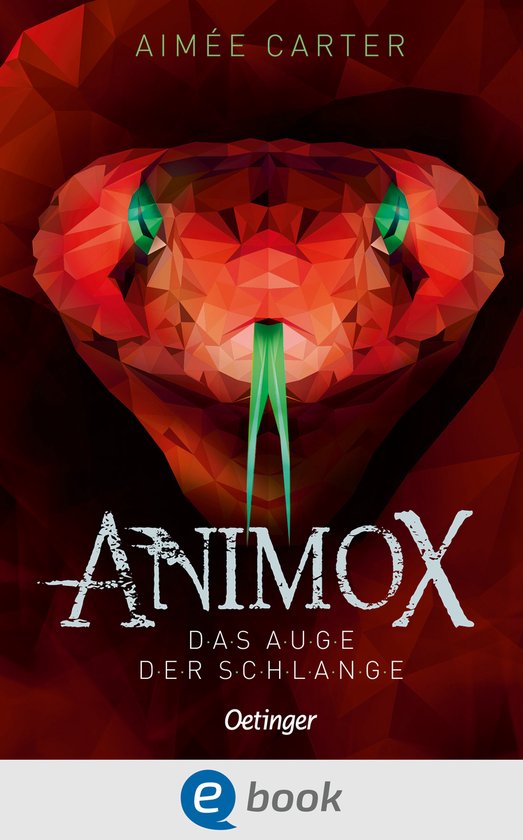 Boekomslag van "Animox 2 - Das Auge der Schlange" met een geometrische rode slang met groene ogen en gespleten tong.
