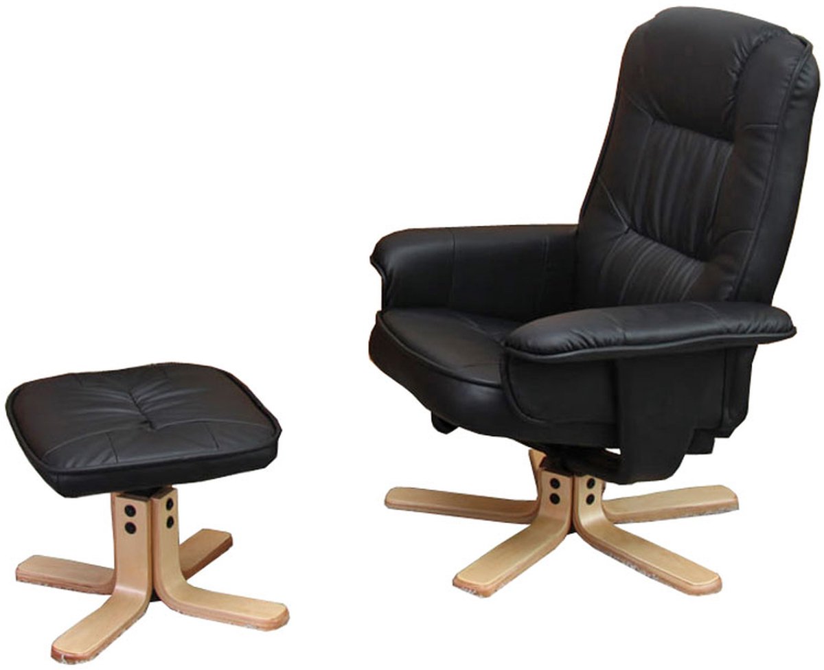MCW Relaxfauteuil M56, tv-fauteuil met voetenbankje, kunstleer, eucalyptushout, MVG-gecertificeerd ~ zwart