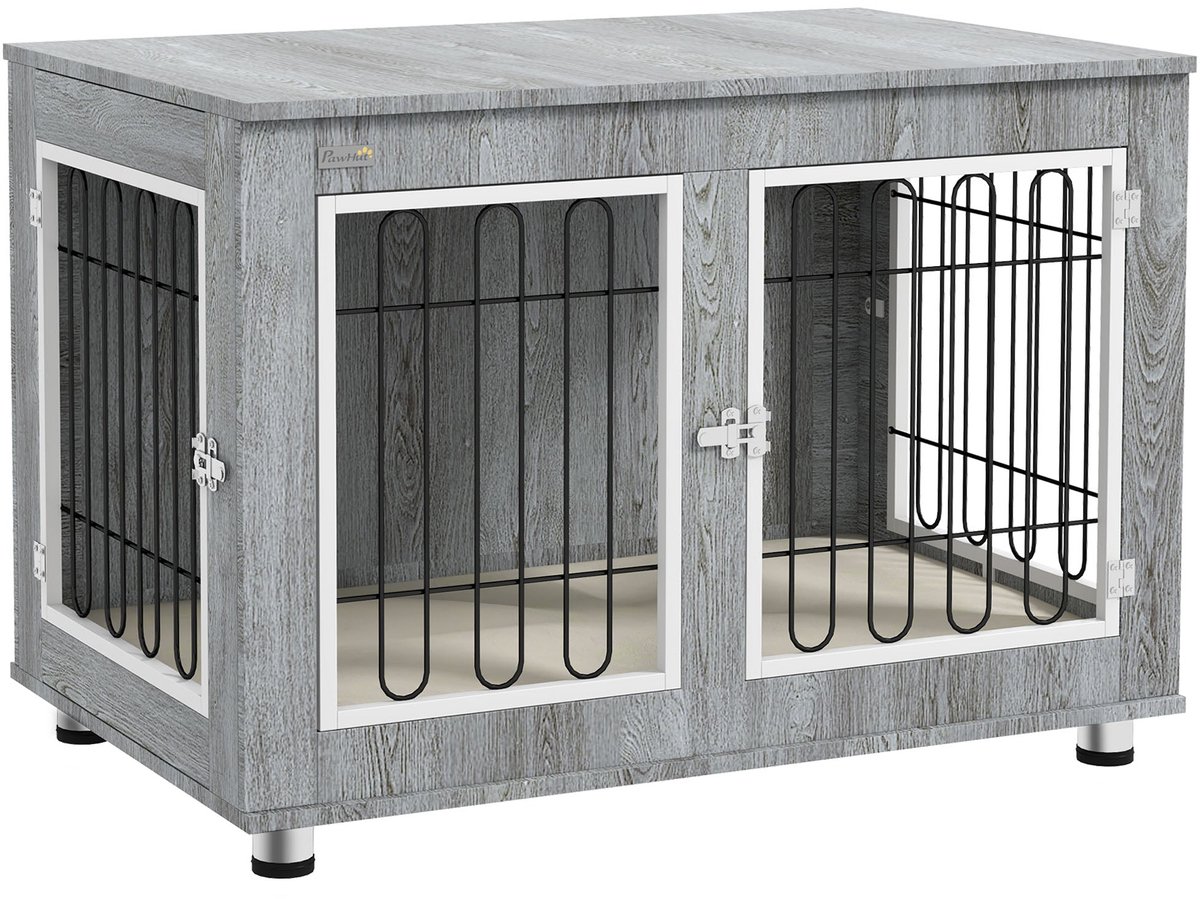 Merax Hondenbench Grijs 90x58x65 cm Met Kussen Dubbeldelige Hondenkooi Voor Middelgrote Hond Stijlvol Binnengebruik