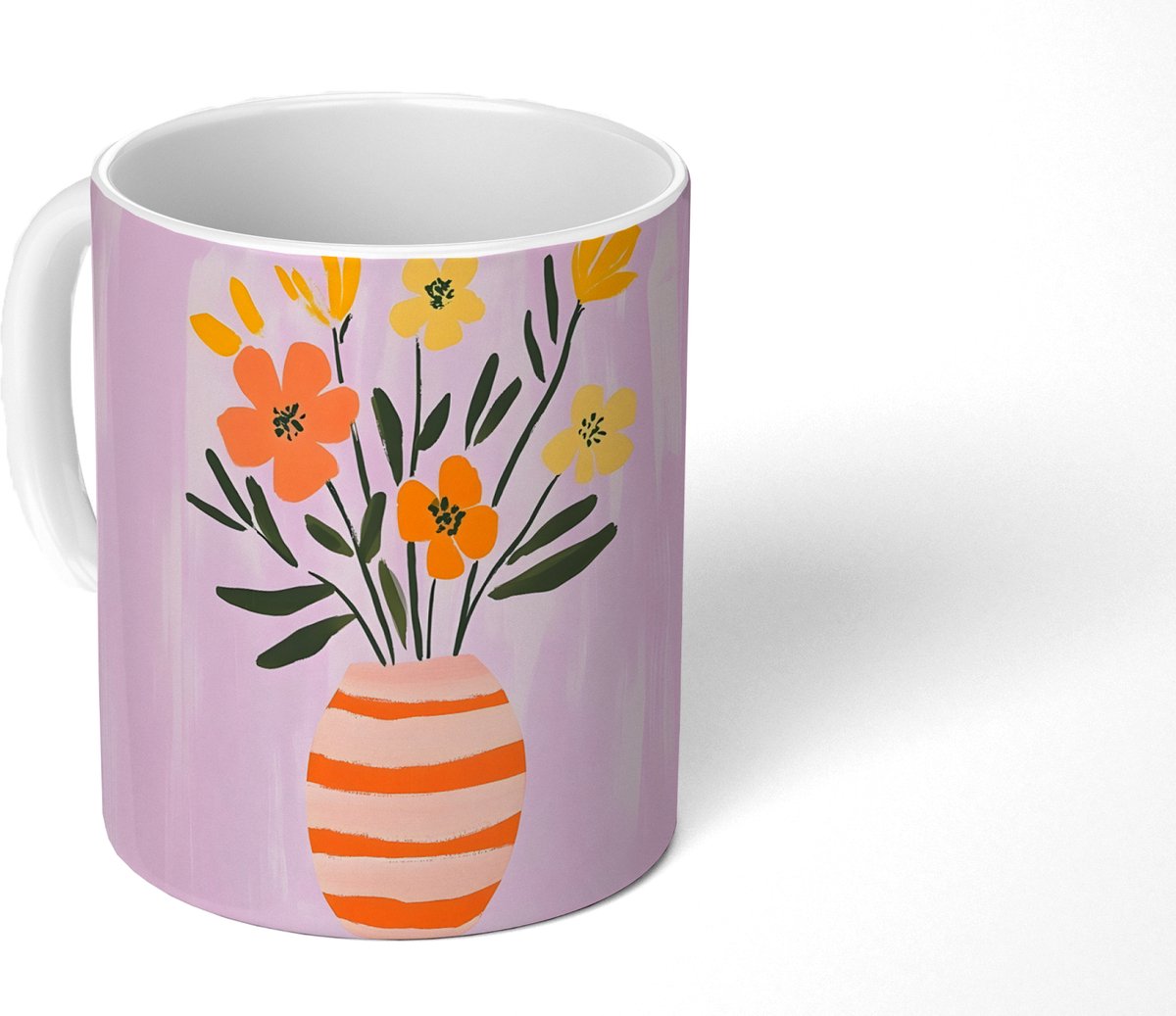 Mok - Koffiemok - Vaas - Gestreept - Bloemen - Oranje - Mokken - 350 ML - Beker - Koffiemokken - Theemok