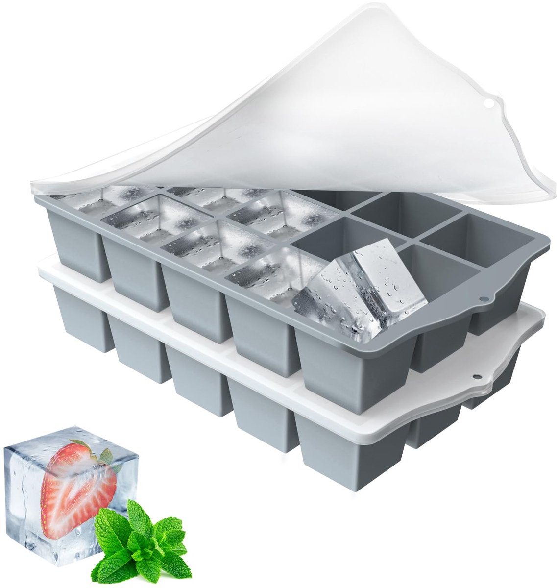 Ibenzoa® IJsblokjesvorm van siliconen met deksel, stapelbare en ruimtebesparende ijsblokjeshouder, BPA-vrij, 2 stuks