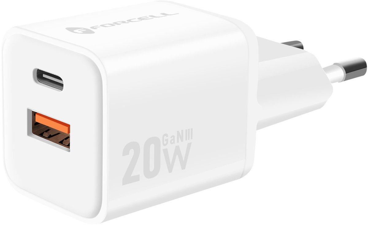 Forcell, GaN III 20W-netlader met USB-C + USB-poorten Mini-formaat, Wit