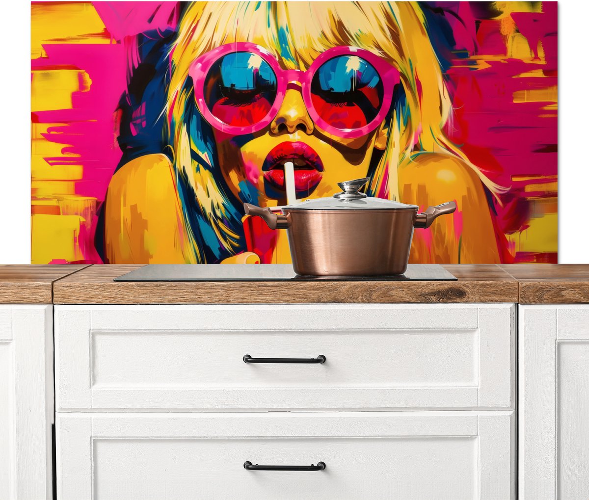 Spatscherm keuken 120x60 cm - Kookplaat achterwand Zonnebril - Roze - Vrouw - Rietje - Muurbeschermer - Spatwand fornuis - Hoogwaardig aluminium