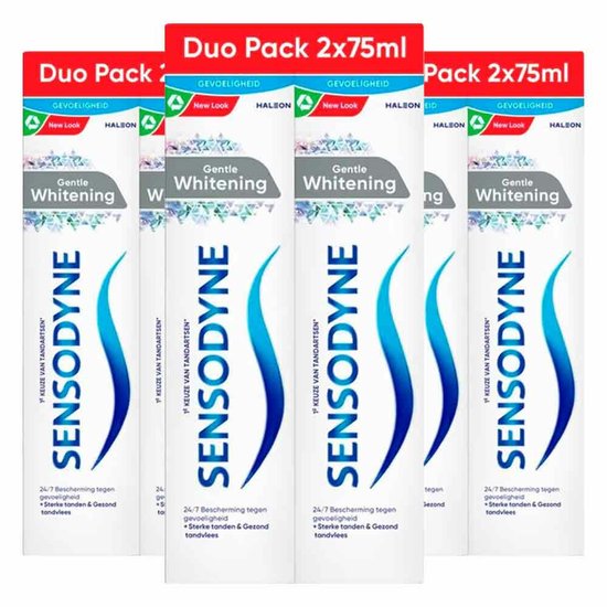 Drie verpakkingen Sensodyne Gentle Whitening tandpasta 2x75ml, wit met blauwe golven.