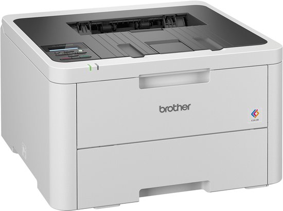 Witte Brother kleurenlaserprinter met twee lades, met de logo's Brother en Color.