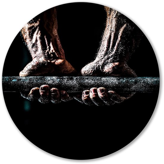 Concentration sur la force et la détermination - Cercle mural de force - Balance murale haltère - Hyperréalisme - Art mural forex rond - Œuvre d'art - cercle mural forex 70x70 cm